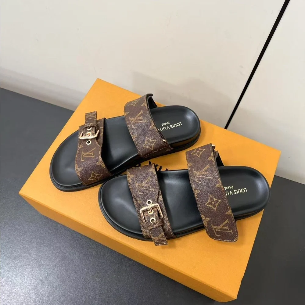 Louis Vuitton Brown Monogram Double-Strap Slide Sandals